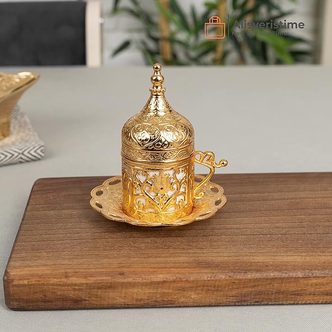 Alisveristime 6-Piece Set Turkish Espresso Coffee Cups with Saucer, Lid, Traditional Ottoman Tulip Motif (Multiple Color Variations) (Lale) (Gold)