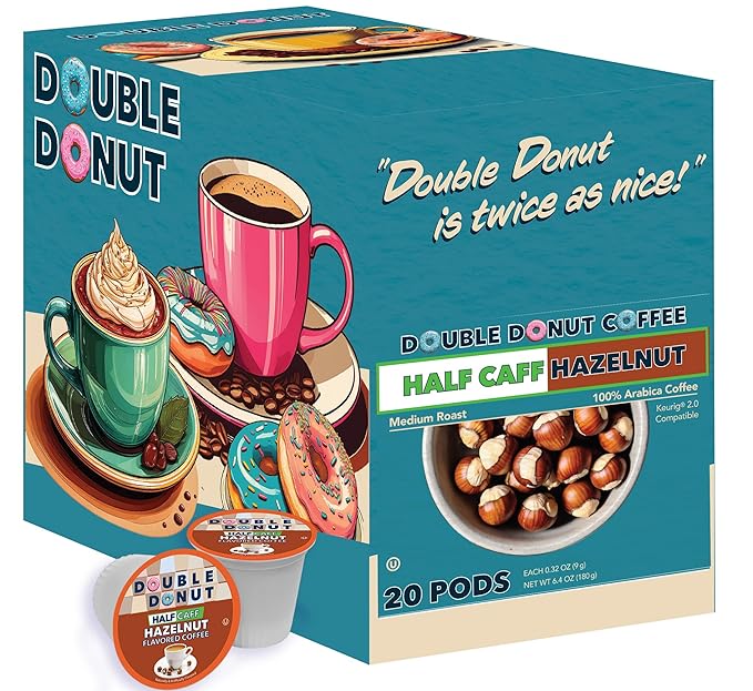 Double Donut Coffee Hazelnut Half Caff Coffee Pods, Single Serve Flavored Half Caffeine Coffee Pods For Keurig K Cup Brewers, Medium Roast, 20 Count (Pack of 2)