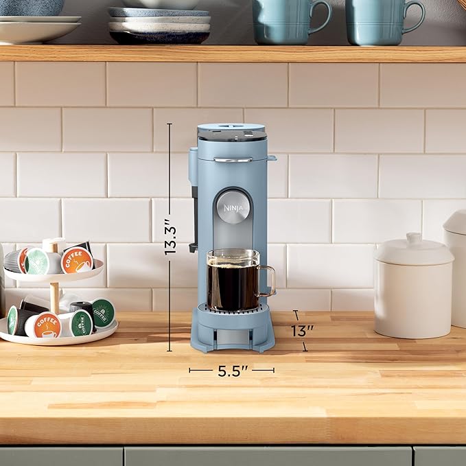 Ninja Pod & Grounds Specialty XL Single-Serve Coffee Maker, K-Cup Pod Compatible, Brews Grounds, Compact Design, Built-In Milk Frother, 68-oz. Reservoir, 6oz. Cup-24oz. Mug Sizes, Denim Blue, PB055ABL