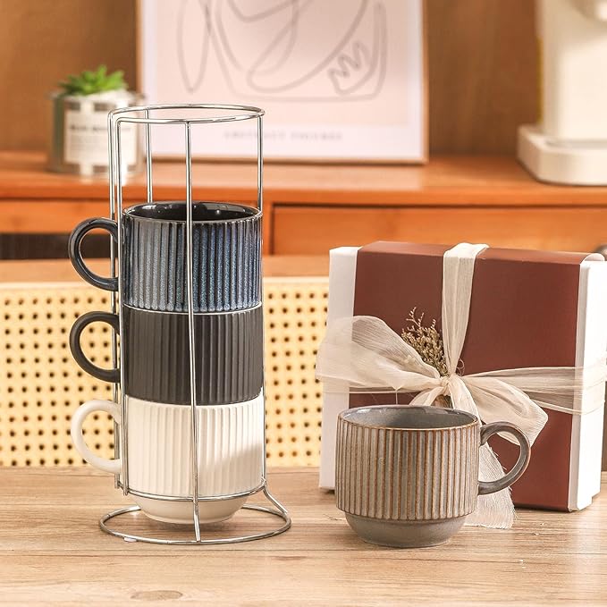 glowworm Coffee Mugs with Stand, Stackable Coffee Mugs Set of 4, Wedding Housewarming Gift, Modren Ceramic Cups for Milk, Cocoa, Microwave & Dishwasher Safe, Multicolor