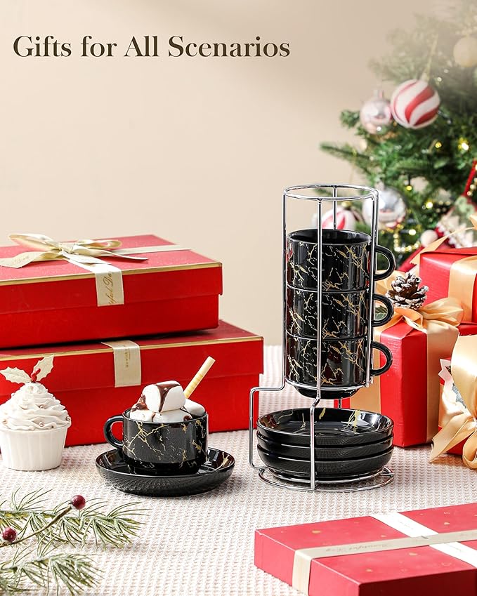 MALACASA 4 OZ Porcelain Espresso Cups with Saucers and Metal Stand Set of 4, Stackable Cappuccino Cups, Marble Black Expresso Shots Cup Set for Coffee Drinks, Latte, Tea