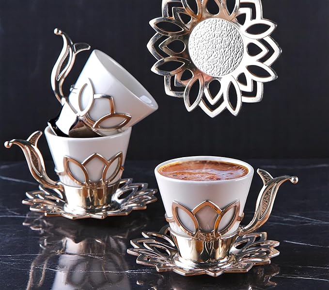 Alisveristime (Set of 6 Turkish Coffee Set with Porcelain Cups, Zamac Holders & Saucers – 80ml Capacity, Ottoman Motif, 4 Color Options (Silver)