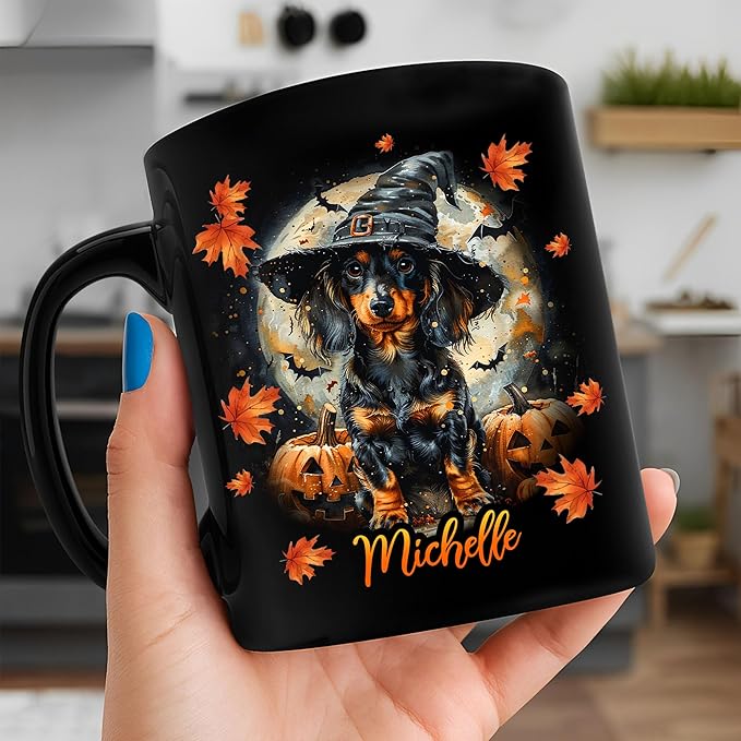 Hyturtle Personalized Halloween Dachshund Mug - Dachshund Gift For Women Lover - Pet Dog Lover Gift For Her - Spooky Season Decor For Fall Season Halloween - Coffee Name Cup Ceramic Mug 11 oz 15 oz