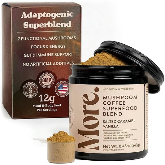 More. Longevity & Wellbeing Premium Mushroom Coffee Superfood – 7 Functional Mushrooms with Lions Mane Supplement, Reishi, Chaga & Ashwagandha Extract, Instant Coffee Alternative with Prebiotics and Essential Vitamins for Focus & Energy, Salted Caramel