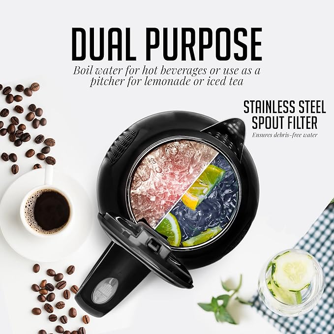 OVENTE 1.7L Double Wall Electric Tea Kettle, 1100W Water Boiler and Heater with Cool-Touch Exterior, Stainless Steel Insulated Interior, Auto Shut-Off, Boil-Dry Protection & Locking Lid, Black KD64B