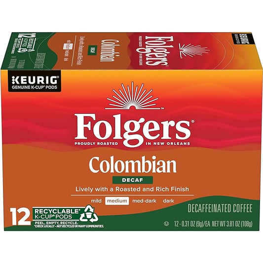 Folgers Colombian Decaf Medium Roast Coffee, 12 Keurig K-Cup Pods