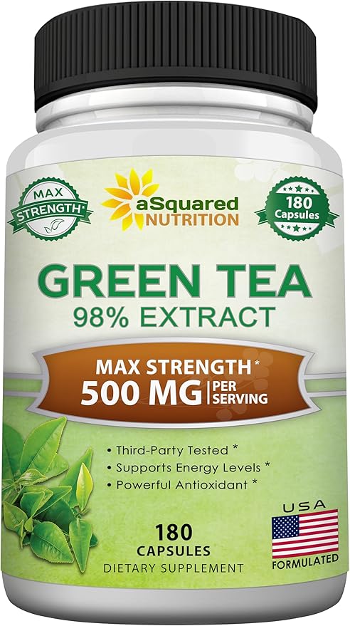 aSquared Nutrition Green Tea Extract with EGCG – 180 Capsules – 500mg per Capsule – 75% Polyphenols, 45% EGCG – Antioxidant Support, Heart Health, Natural Detox – Low Caffeine Supplement