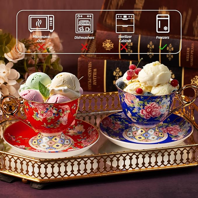 KAMMAK Tea Cups and Saucers Set of 2, Porcelain Coffee Cup with Saucer for Espresso, Cappuccino, 9.8oz Vintage Yellow Floral Ceramic Demitasse Mug for Home, Tea Party, Office