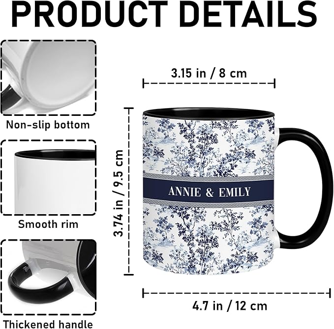 Personalized Best Friend Mug – Custom Name Floral Design, Birthday, Anniversary, Going Away Gifts for Best Friends, Chinoiserie Toile de Jouy Ceramic Mug