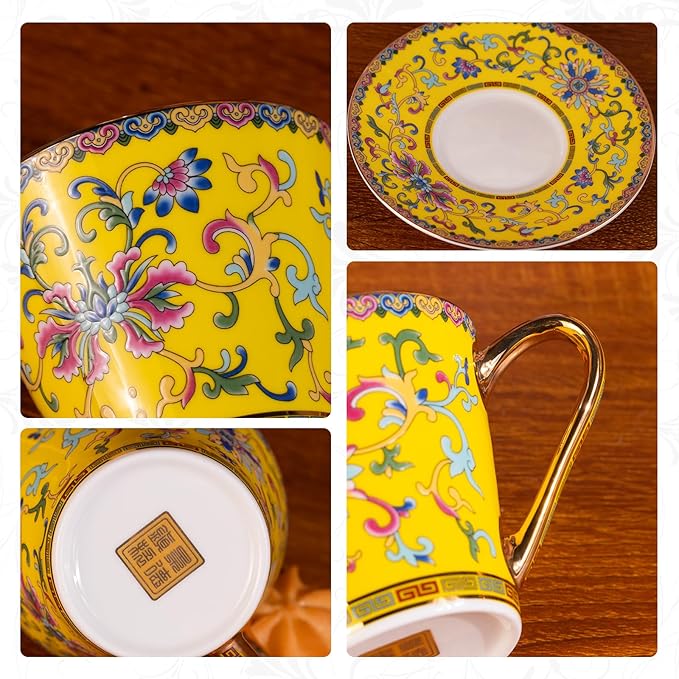 KAMMAK Tea Cups and Saucers Set of 2, Porcelain Coffee Cups with Saucer for Espresso, Cappuccino, 9oz Vintage Noble Yellow Ceramic Demitasse Mug for Home, Tea Party, Office