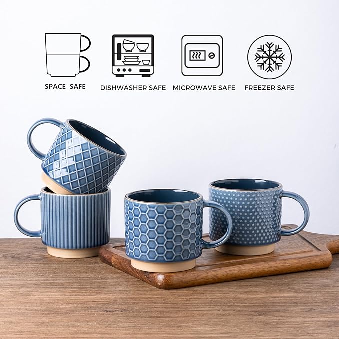 GBHOME 6 OZ Stackable Coffee Mugs, Ceramic Coffee Mugs with Texture Patterns for Man,Woman,Dad,Mom, Modern Coffee Cups Set of 4 for Espresso/Cappuccino/Cocoa. Dishwasher&Microwave Safe, Moonlight Blue
