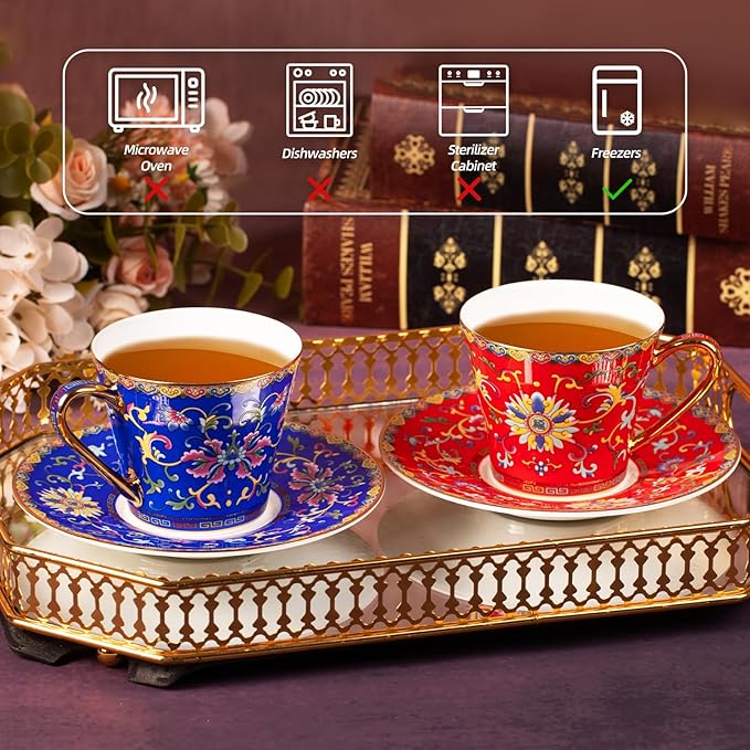 KAMMAK Tea Cups and Saucers Set of 2, Porcelain Coffee Cup with Saucer for Espresso, Cappuccino, 8oz Vintage Red and Blue Ceramic Demitasse Mug for Home, Tea Party, Office