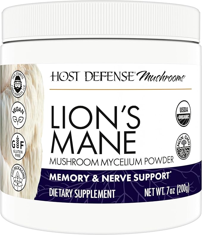 Host Defense Lion's Mane Powder - Brain Health Support Supplement - Mushroom Supplement to Support Focus & Memory Function - Immune & Nervous System Support Supplement - 7 oz (133 Servings)*