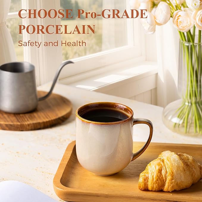 LERATIO 12OZ Ceramic Coffee Mugs Set of 6, Large Porcelain Coffee Cups With Large Handle For Latte,Cappuccino,Milk,Cocoa,|Dishwasher&Microwave Safe Mug Sets,Ideal for Man,Woman,Dad, Mom-Kahki