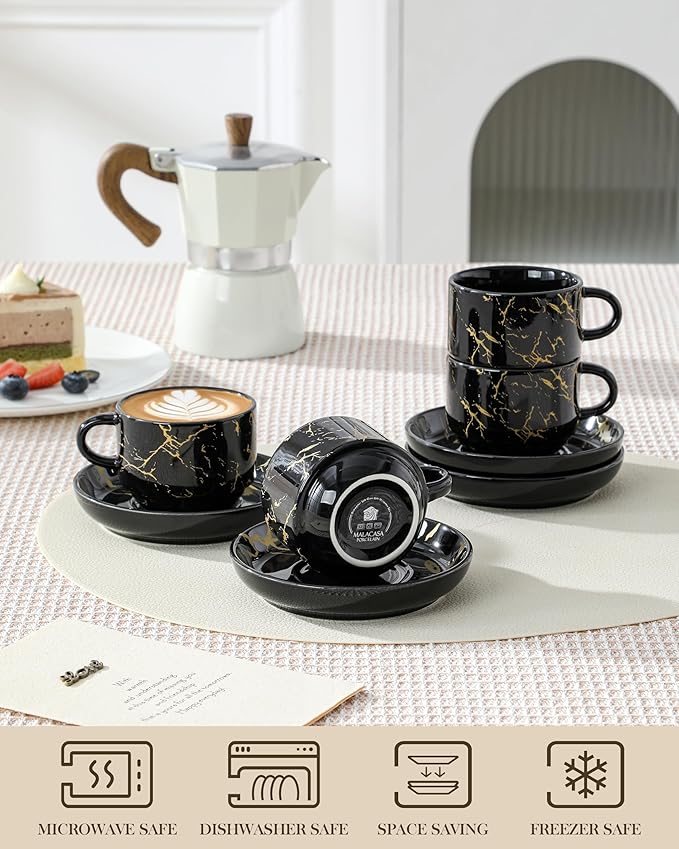 MALACASA 4 OZ Porcelain Espresso Cups with Saucers and Metal Stand Set of 4, Stackable Cappuccino Cups, Marble Black Expresso Shots Cup Set for Coffee Drinks, Latte, Tea