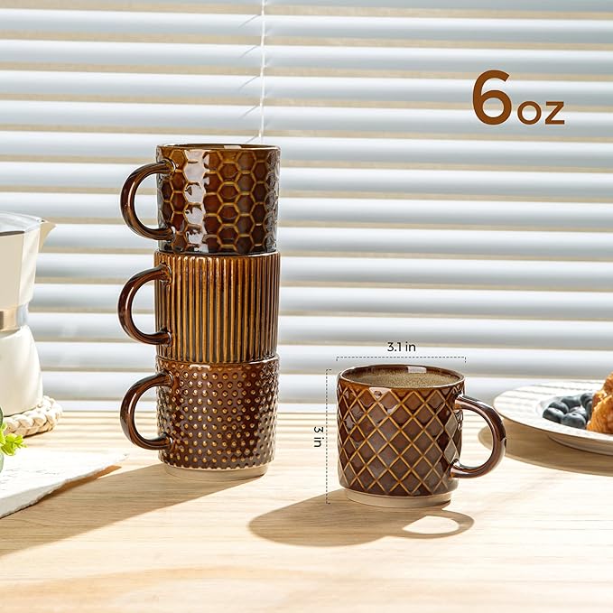 GBHOME 6 OZ Stackable Coffee Mugs, Ceramic Coffee Mugs with Texture Patterns for Man,Woman,Dad,Mom, Modern Coffee Cups Set of 4 for Espresso/Cappuccino. Dishwasher&Microwave Safe,