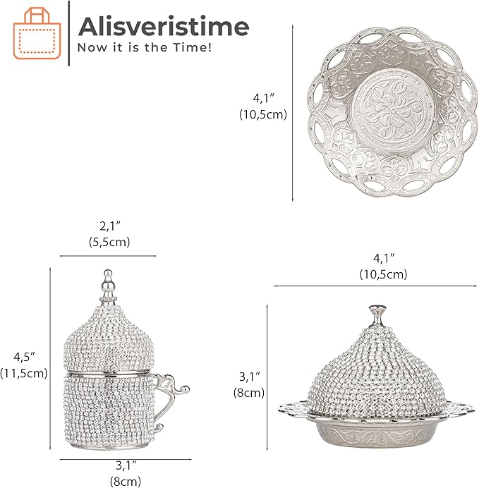 Alisveristime Crystal Embellished Turkish Coffee Set – 27 Pieces – Decorative Zamac Espresso Cups, Saucers and Sugar Bowl with Tray – Available in Three Color Variations (Silver)