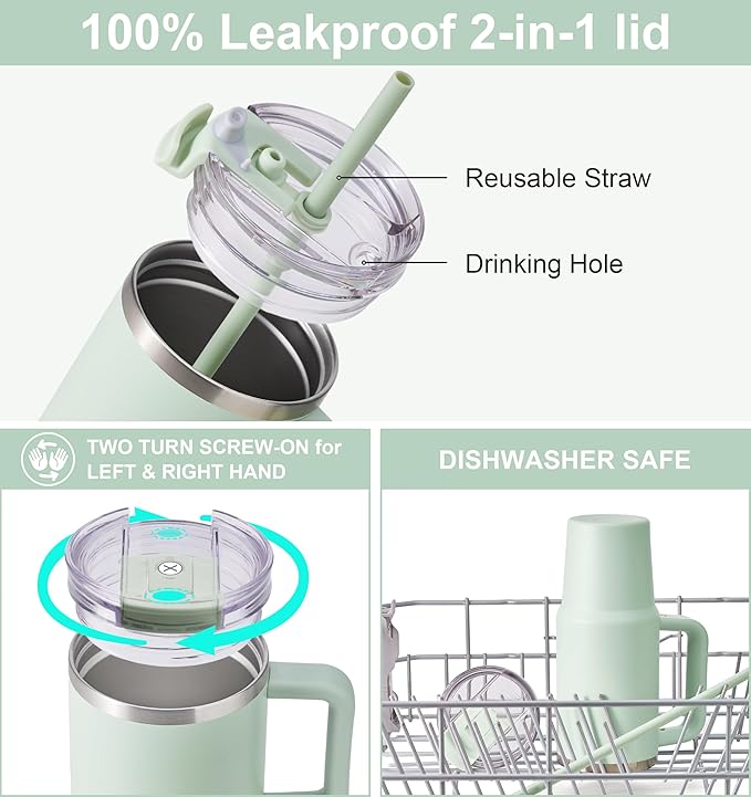 SUNWILL Coffee Tumbler with Handle, 30 oz Travel Mug with Lid and Straw Insulated, Stainless Steel Cup Leak Proof for Travel & Outdoor, Cupholder Friendly, Powder Coated Matcha Cream