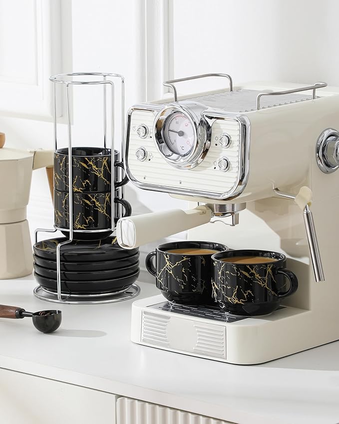 MALACASA 8 OZ Porcelain Espresso Cups with Saucers and Metal Stand Set of 4, Stackable Cappuccino Cups, Marble Black Expresso Shots Cup Set for Coffee Drinks, Latte, Tea