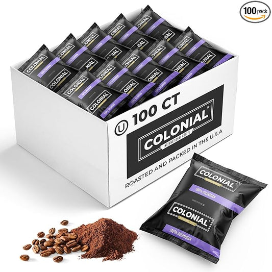 Colonial Coffee 100 Count Single Pot Coffee Packets – 100% Arabica Colombian Medium Roast | Pre-Measured Frac Packs for 12 Cup Maker | Bulk Ground Gourmet Coffee for Home & Office