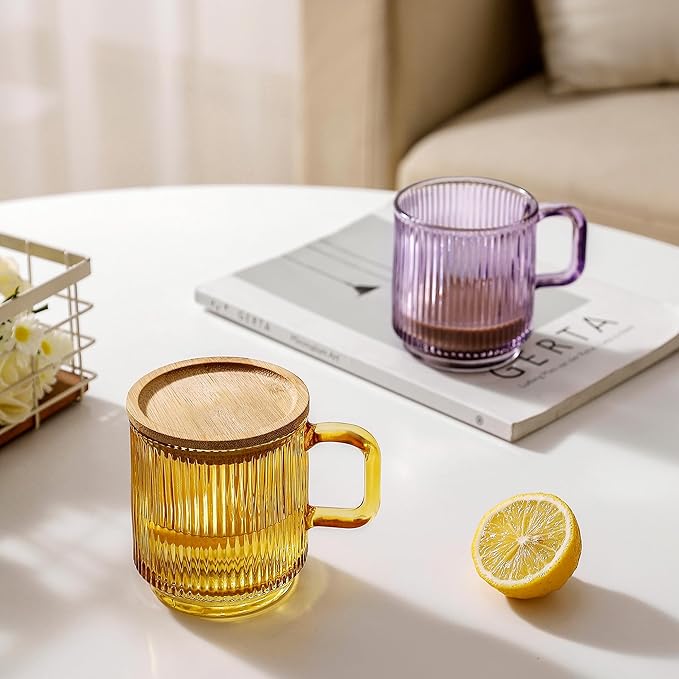 Lysenn Glass Coffee Mug with Lid - Premium Classical Vertical Stripes Glass Tea Cup - for Latte, Tea, Chocolate, Juice, Water - Lead-Free - Bamboo Lid - Amethyst Purple