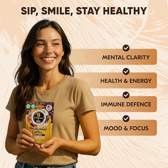 Mushroom Coffee – 10 in 1 Instant Coffee Organic Arabica - Cafe de Hongos w/Lion’s Mane, Turkey Tail, Chaga – Focus, Gut Health, Weight & Immune Support – Low Caffeine, Sugar-Free, Gluten Free 90g