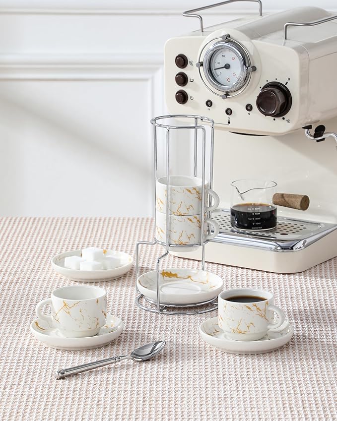 MALACASA 2.5 OZ Porcelain Espresso Cups with Saucers and Metal Stand Set of 4, Stackable Cappuccino Cups, Marble White Expresso Shots Cup Set for Coffee Drinks, Latte, Tea