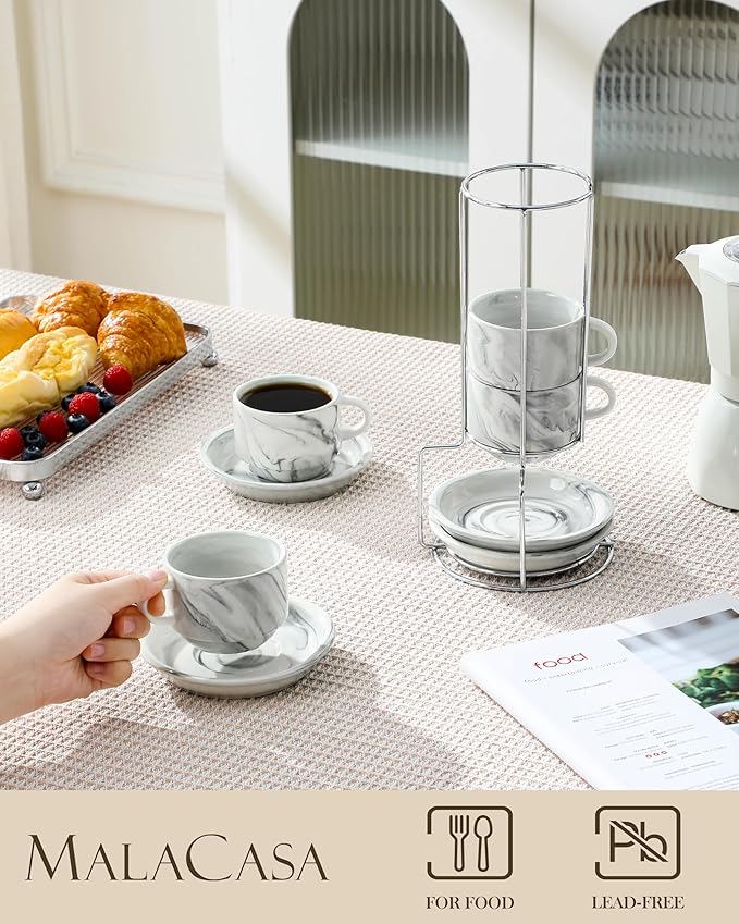 MALACASA 4 OZ Porcelain Espresso Cups with Saucers and Metal Stand Set of 4, Stackable Cappuccino Cups, Marble Gray Expresso Shots Cup Set for Coffee Drinks, Latte, Tea