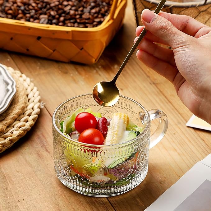 WHJY Vintage Glass Coffee Mugs with Spoon, Set of 2 espresso ribbed glass coffee cup，Embossed Tea Cups, Esthetic Tea Cups for Cappuccino, Latte, Hot Beverages, 14 oz