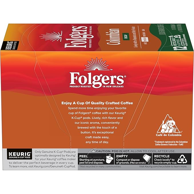 Folgers Colombian Decaf Medium Roast Coffee, 12 Keurig K-Cup Pods