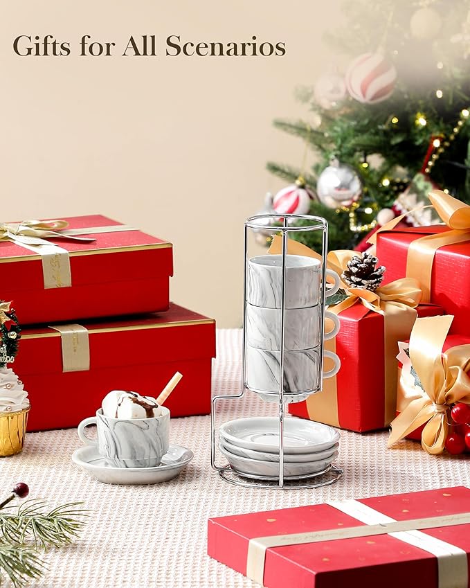 MALACASA 2.5 OZ Porcelain Espresso Cups with Saucers and Metal Stand Set of 4, Stackable Cappuccino Cups, Marble Gray Expresso Shots Cup Set for Coffee Drinks, Latte, Tea