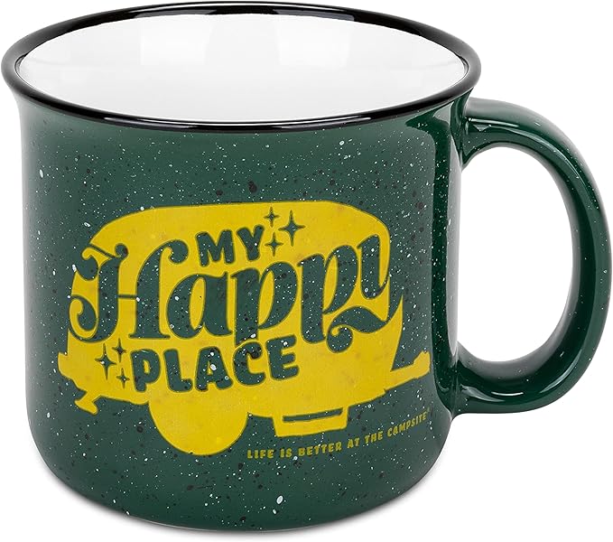 Camco Life is Better at The Campsite Ceramic Coffee Mug - Microwave and Dishwasher Safe - Features Green Background with Retro RV My Happy Place Design - Coffee Cup Holds 14oz. (53471)