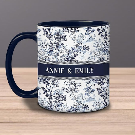 Personalized Best Friend Mug – Custom Name Floral Design, Birthday, Anniversary, Going Away Gifts for Best Friends, Chinoiserie Toile de Jouy Ceramic Mug