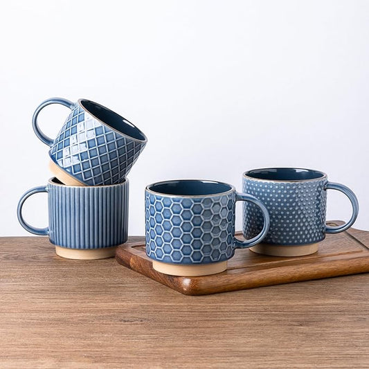 GBHOME 15OZ Stackable Coffee Mugs, Ceramic Coffee Cups with Texture Patterns for Man,Woman,Dad,Mom, Modern Coffee Mugs Set of 4 for Latte/Cappuccino/Cocoa. Dishwasher&Microwave Safe, Blue