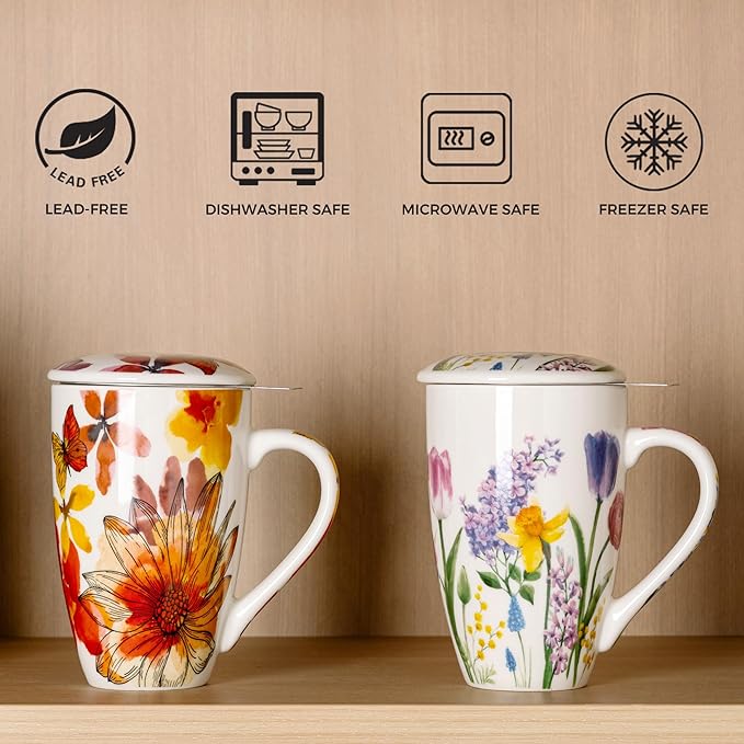 GBHOME Tea Mug with Infuser and Lid, 18 Ounce Large Ceramic Loose Leaf Cup, Microwave, Dishwasher Safe, Perfect for Tea Lovers