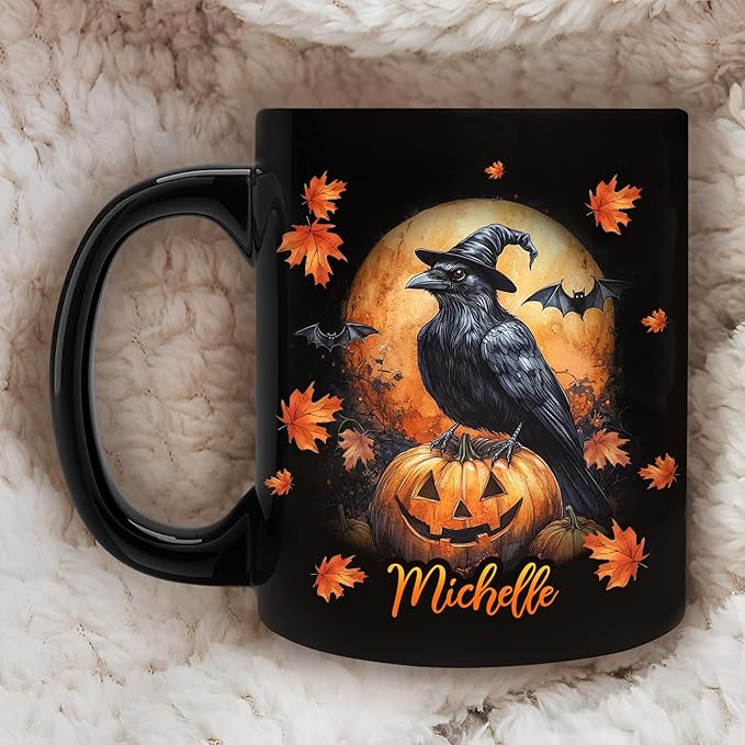 Hyturtle Personalized Halloween Raven Crow Mug - Raven Gift For Women Lover - Wild Animal Lover Gift For Her - Spooky Season Decor For Fall Season Halloween - Coffee Name Cup Ceramic Mug 11 oz 15 oz