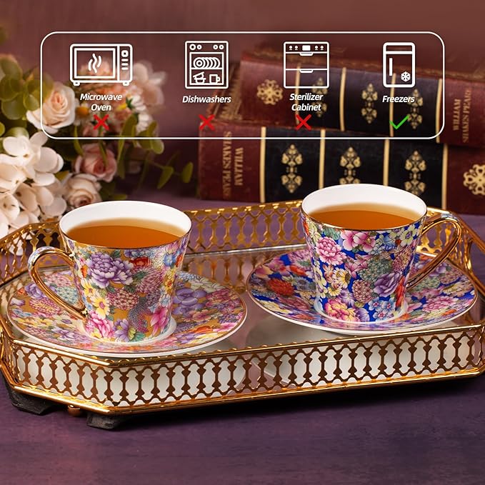 KAMMAK Tea Cups and Saucers Set of 2, Porcelain Coffee Cup with Saucer for Espresso, Cappuccino, 7.5oz Vintage Yellow Floral Ceramic Demitasse Mug for Home, Tea Party, Office