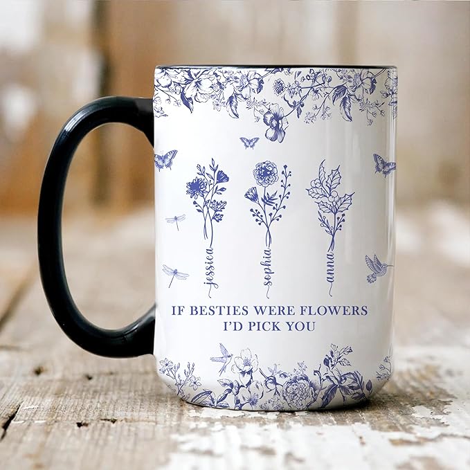Personalized Best Friend Mug - Custom Floral Design - Birthday Gift for Bestie - Unique Friendship Cup - Thoughtful Gift for Best Friends - Custom Photo Mug for Best Friends