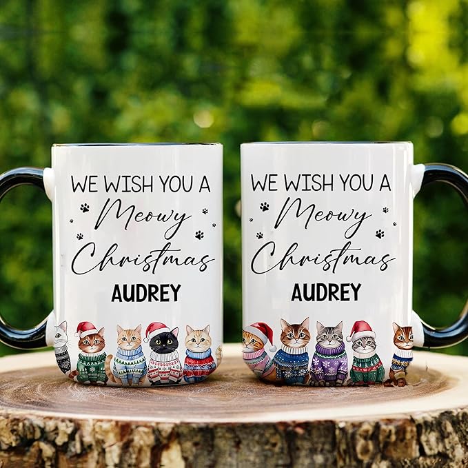 Personalized Cat Coffee Mug Funny Cup Christmas Birthday Gift For Cat Lovers From Friends Family Pet Mom Unique Design Cute Holiday Tea Mug Meowy Christmas