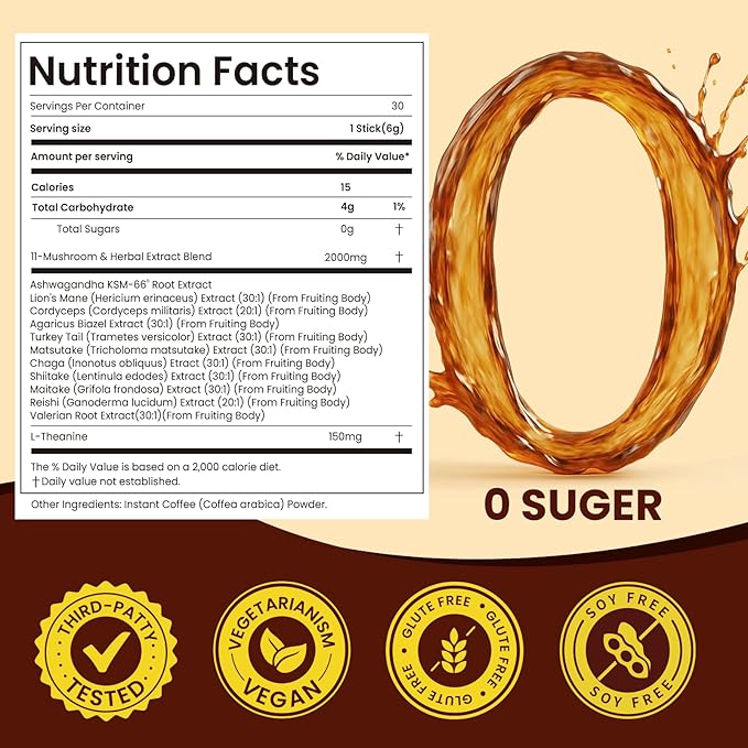 Mushroom Coffee 11 in 1 Adaptogenic Mushroom Blend with Ashwagandha KSM-66,Lions Mane,Reishi,Turkey Tail Hazelnut Instant Mushrooms Coffee for Boost Energy,Focus,Sugar-Free,30 Servings