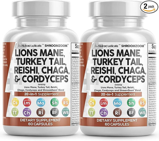 Clean Nutraceuticals Lions Mane 20in1 Mushroom Supplement with Turkey Tail Reishi Cordyceps Chaga Maitake Meshima Poria Cocos Shiitake Oyster Porcini Enoki - 2Pack