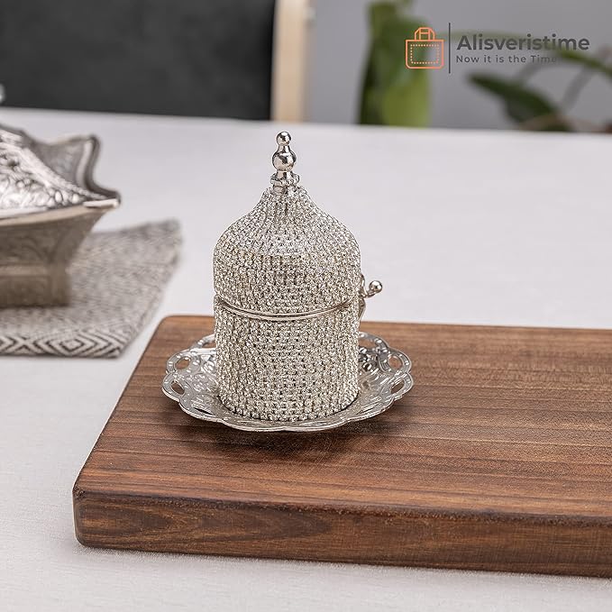 Alisveristime Crystal Embellished Turkish Coffee Set – 27 Pieces – Decorative Zamac Espresso Cups, Saucers and Sugar Bowl with Tray – Available in Three Color Variations (Silver)