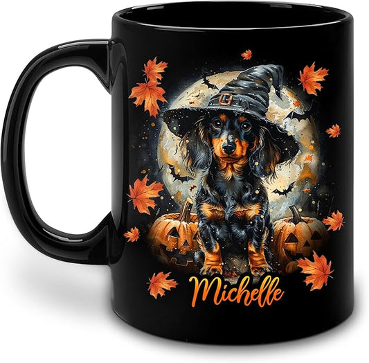 Hyturtle Personalized Halloween Dachshund Mug - Dachshund Gift For Women Lover - Pet Dog Lover Gift For Her - Spooky Season Decor For Fall Season Halloween - Coffee Name Cup Ceramic Mug 11 oz 15 oz