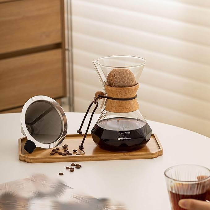 Pour Over Coffee Maker With Wood Sleeve，13.5oz/400mlPour Over Coffee Dripper,Pour Over Coffee Maker Set With Cork Stopper (13.5oz/400ml)