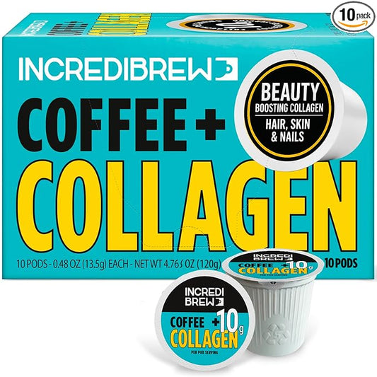 Incredibrew Coffee Keto Friendly with No Sugar; Medium-Dark Roast, Recyclable Pods, 10 Count Pods (10 Pods, Collagen)