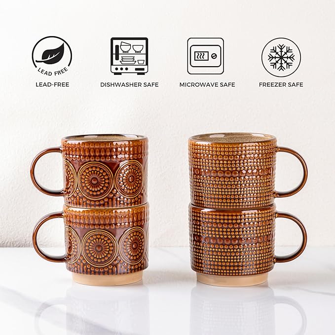 GBHOME 12OZ Stackable Coffee Mugs, Ceramic Coffee Mugs with Texture Patterns for Man,Woman,Dad,Mom, Modern Coffee Mugs Set of 4 for Latte/Cappuccino/Cocoa. Dishwasher&Microwave Safe