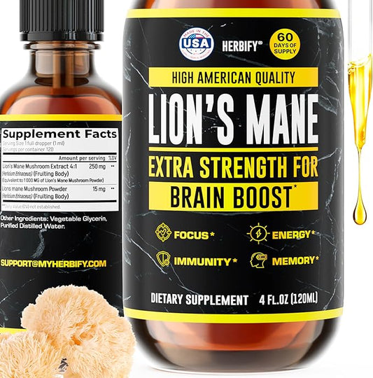 HERBIFY Lions Mane Supplement - Daily Mushroom Supplement for Memory, Focus & Clarity - Brain Booster - Lions Mane Tincture for Immune Support - 4 Fl oz