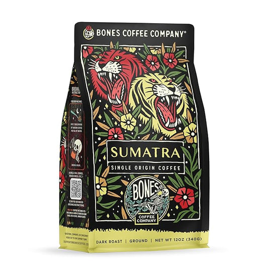 Bones Coffee Company Sumatra Single-Origin, Dark Chocolate, Smoky, Earthy Notes, Ground Coffee Beans, Low Acid Dark Roast Arabica Beans Flavored Coffee, 12 oz Ground