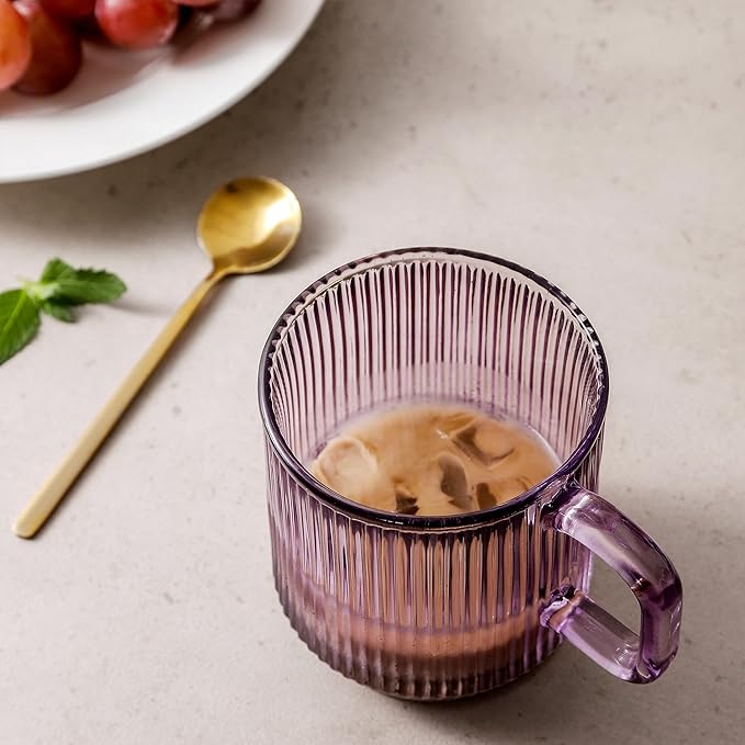 Lysenn Glass Coffee Mug with Lid - Premium Classical Vertical Stripes Glass Tea Cup - for Latte, Tea, Chocolate, Juice, Water - Lead-Free - Bamboo Lid - Amethyst Purple