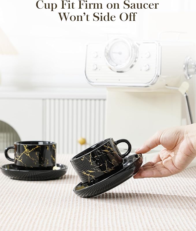 MALACASA 8 OZ Porcelain Espresso Cups with Saucers and Metal Stand Set of 4, Stackable Cappuccino Cups, Marble Black Expresso Shots Cup Set for Coffee Drinks, Latte, Tea